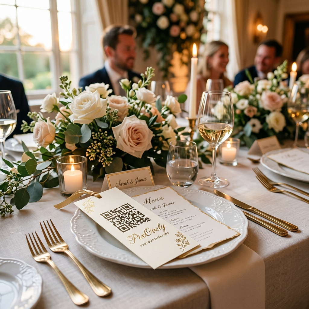 Carte QR code PixOvely pour mariage posée sur une table