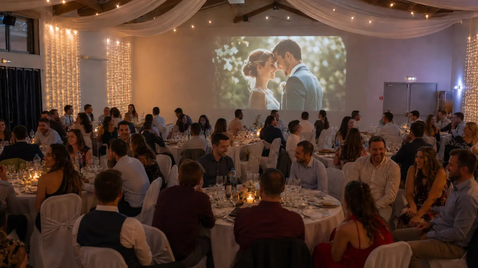 Photos de mariage projetées sur un écran géant pendant le dîner