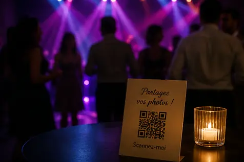 Petit chevalet avec QR code sur une table haute, près d'une piste de danse