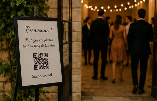 Panneau d'accueil avec QR code à l'entrée d'une salle de réception