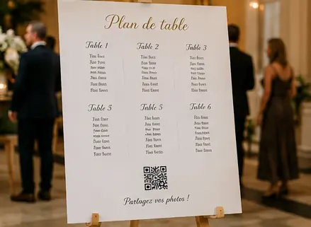 Plan de table de mariage sur chevalet, avec un QR code en bas du panneau